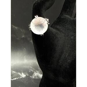 Vintage Checker Cut 925 Sterling Silver Round Milky White Glass Ring Sz 8